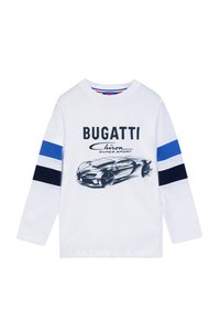 Weißes Langarm-T-Shirt mit blauen und marineblauen gestreiften Akzenten, dem Text "BUGATTI" und einer Grafik des Bugatti Chiron Supersportwagens.