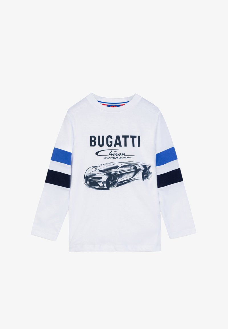 Weißes Langarm-T-Shirt mit blauen und marineblauen gestreiften Akzenten, dem Text "BUGATTI" und einer Grafik des Bugatti Chiron Supersportwagens.