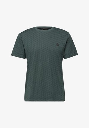 Dunkelgrünes T-Shirt mit kurzen Ärmeln, subtilen geometrischen Mustern und kleinem runden Logo auf der linken Brust.