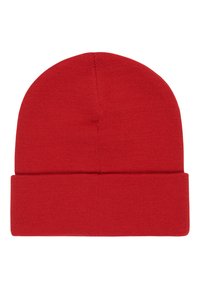 Red knit beanie featuring a folded cuff, made from soft material, with a smooth texture and a rounded top shape.