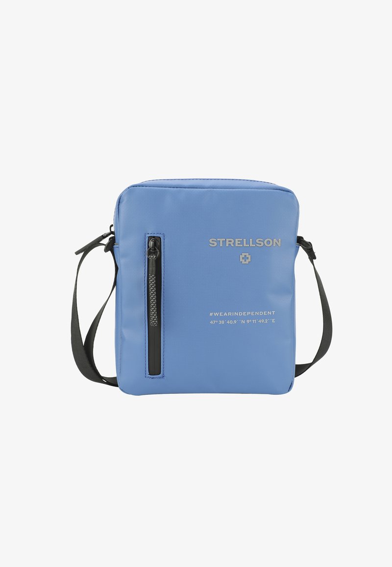 Borsa a tracolla sintetica blu con tasca con zip nera, branding argentato, forma rettangolare piatta e tracolla regolabile.