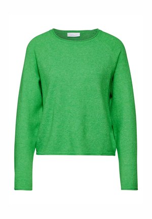 Maglione verde a maniche lunghe con scollo rotondo, realizzato in tessuto morbido. Presenta un orlo e polsini a coste per un dettaglio in più.