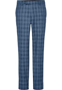 Blå rutiga slim-fit byxor för män med bältesöglor och sidofickor, skräddarsydda för en modern, formell look.