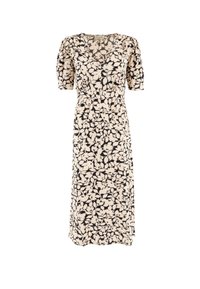 Abito midi floreale in crema e nero, con profondo scollo a V, maniche a sbuffo e una vita aderente, accompagnato da un design a gonna fluida.