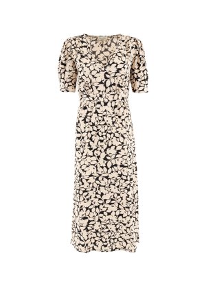 Robe midi florale crème et noire, avec un décolleté en V profond, des manches bouffantes et une taille cintrée avec une jupe fluide.