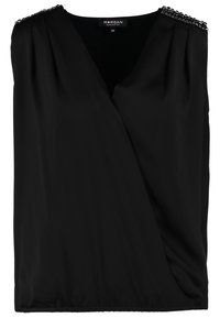 Musta ilmanhihoinen pusero, jossa on V-mallinen pääntie, laskosteinen muotoilu ja teksturoituja yksityiskohtia hartioilla. Valmistettu sileästä materiaalista, tarjoaa rentoa istuvuutta.