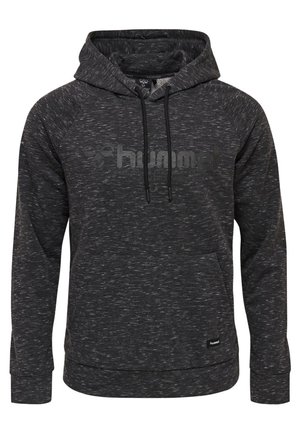 Dunkelgrauer gesprenkelter Kapuzenpullover mit Kängurutasche, Kordelzügen und dezentem "hummel"-Logo auf der Brust.