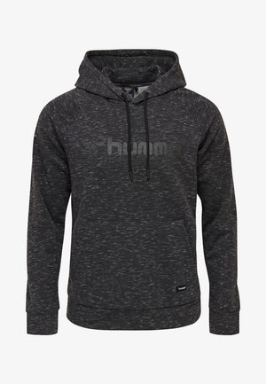 Dunkelgrauer gesprenkelter Kapuzenpullover mit Kängurutasche, Kordelzügen und dezentem "hummel"-Logo auf der Brust.