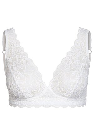 Biały koronkowy biustonosz z dekoltem w kształcie litery V, kwiatowym wzorem i falbaniastymi brzegami. Posiada regulowane ramiączka i brak fiszbin dla wygody.