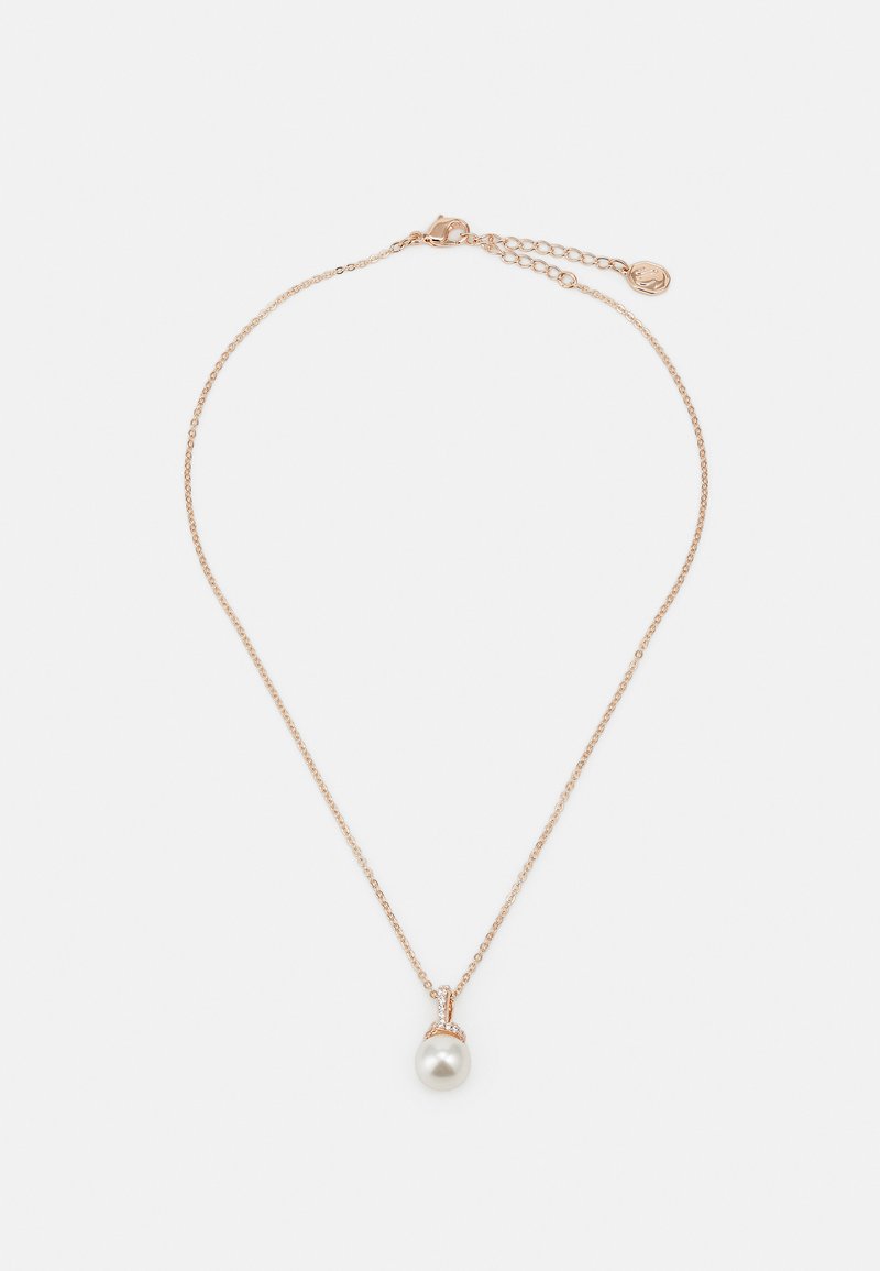Rose gold chain necklace featuring a single white pearl pendant, secured by a textured clasp and an adjustable chain with an accent charm.