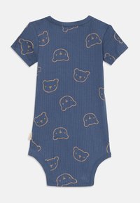 Body in ciniglia blu con maniche corte, adornato da un motivo di semplici facce d'orsa arancioni.