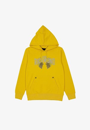 Felpa gialla con tasca frontale, cappuccio con cordino e design stampato caratterizzato da un logo e accenti grafici in argento.