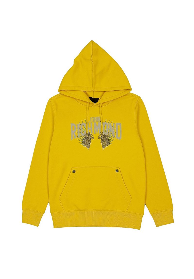 Felpa gialla con tasca frontale, cappuccio con cordino e design stampato caratterizzato da un logo e accenti grafici in argento.
