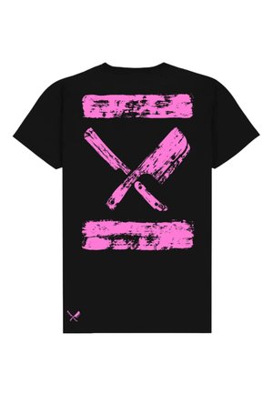 Black t-shirt featuring large pink brushstroke graphics and crossed knife designs on the back. Short sleeves and relaxed fit design.