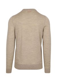 Beige langslokig trui met een ronde hals, textuurstof en ribbelmanschetten en -zoom. Eenvoudig, effen ontwerp zonder zichtbare patronen.