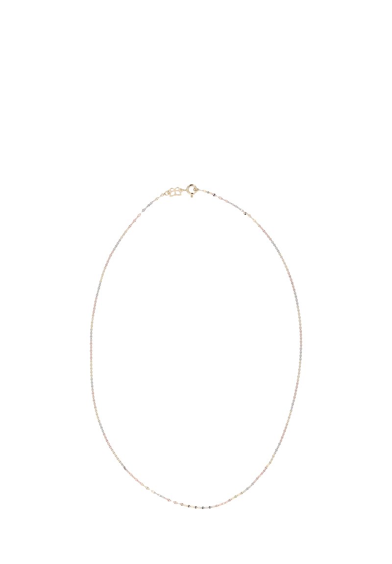 Guld, sølv og rosaguld lagdelt halskæde med delikate kædeled og lås med hummertang. Letvægts og minimalistisk design.