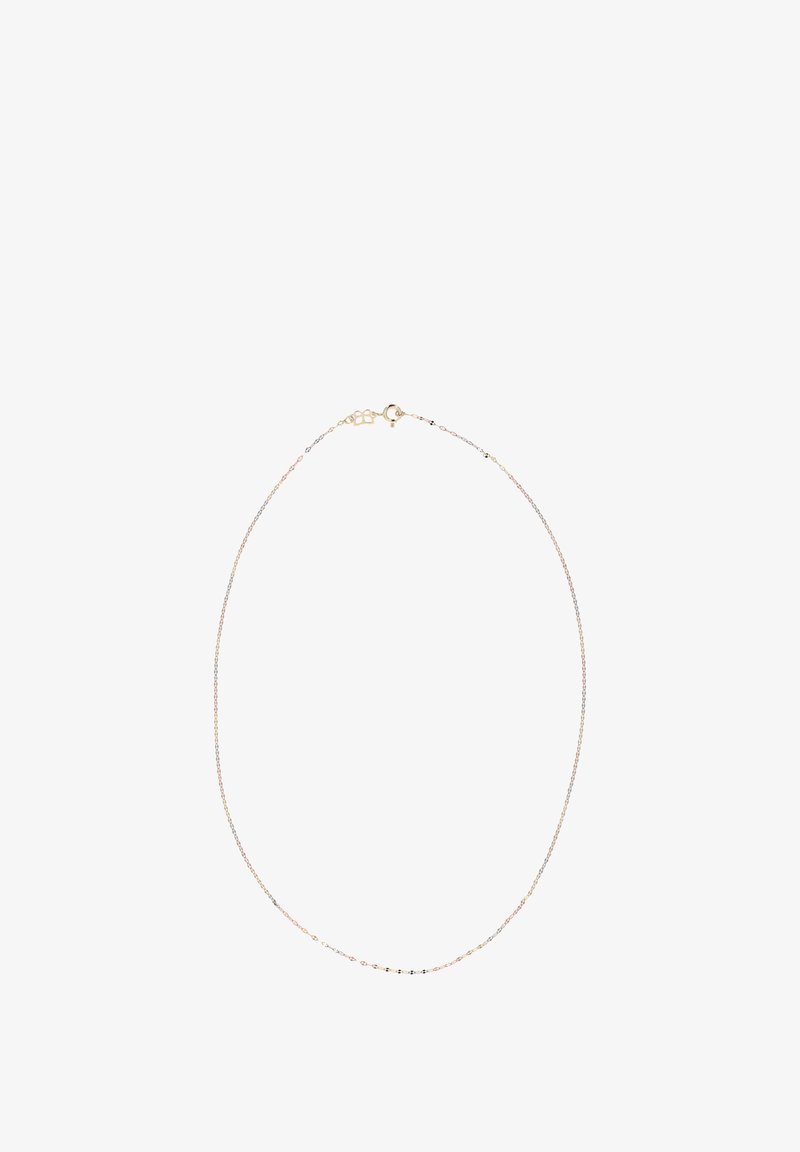 Guld, sølv og rosaguld lagdelt halskæde med delikate kædeled og lås med hummertang. Letvægts og minimalistisk design.