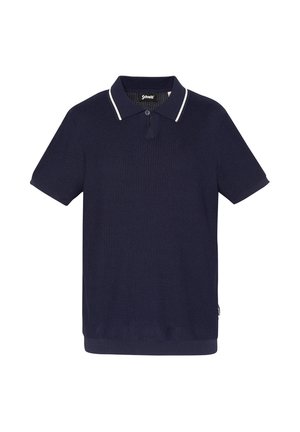 Polo bleu marine à manches courtes avec bordure blanche sur le col, tissu en maille texturée, et une patte de boutonnage à un seul bouton.