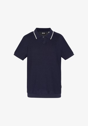 Marineblauw poloshirt met korte mouwen, witte bies op de kraag, textuurgebreide stof en een knoopsluiting met één knoop.