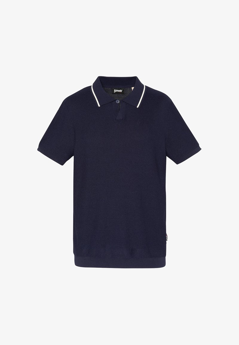 Polo bleu marine à manches courtes avec bordure blanche sur le col, tissu en maille texturée, et une patte de boutonnage à un seul bouton.