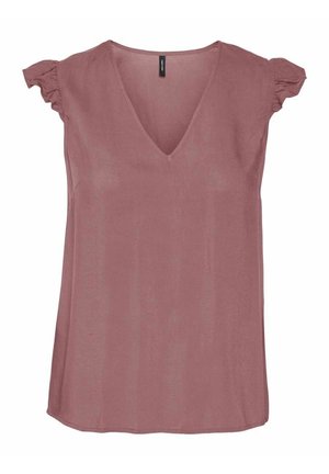 Top a scollo a V in rosa polveroso con maniche corte e volant. Realizzato in un tessuto leggero, presenta una vestibilità rilassata e un orlo curvo.