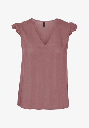 Top a scollo a V in rosa polveroso con maniche corte e volant. Realizzato in un tessuto leggero, presenta una vestibilità rilassata e un orlo curvo.