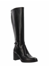 Bota de cuero negra hasta la rodilla con punta redondeada, tacón cuadrado y detalle de hebilla lateral. Textura suave con costuras y acentos mínimos.