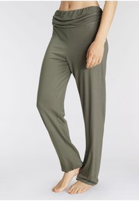 Olijfgroene, lichtgewicht broek met een gedrapeerde tailleband, slim fit en losse benen, gemaakt van een gladde stof. Geen zichtbare patronen of hardware.