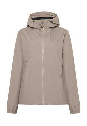 Let let beige regnjakke med hætte, foran lynlås, elastiske manchetter og to sidelommer. Fremstillet af glat stof med minimal branding.