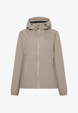 Let let beige regnjakke med hætte, foran lynlås, elastiske manchetter og to sidelommer. Fremstillet af glat stof med minimal branding.