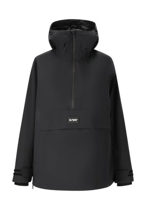 Zwarte waterdichte jas met een hoge kraag, halve rits en voorzak. Heeft ademende zijventilatie en verstelbare manchetten voor comfort.