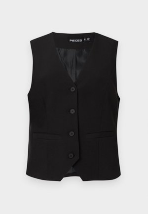 Chaleco negro sin mangas con escote en V, cinco botones en la parte delantera y dos bolsillos laterales. Hecho de un tejido suave y estructurado.