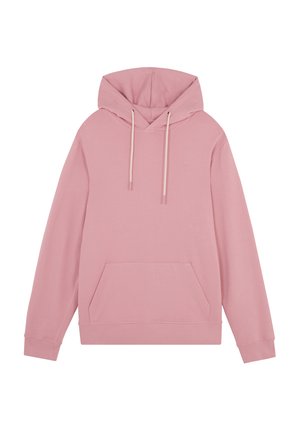 Pink hoodie lavet af blød bomuld, med en frontlomme, justerbare snore og ribbede håndled og kant. Enkel, udekoreret design.