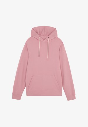 Różowa bluza z kapturem wykonana z miękkiej bawełny, z przednią kieszenią, regulowanymi sznurkami i ribbanym wykończeniem mankietów i dolnej części. Prosty, niezdobiony design.