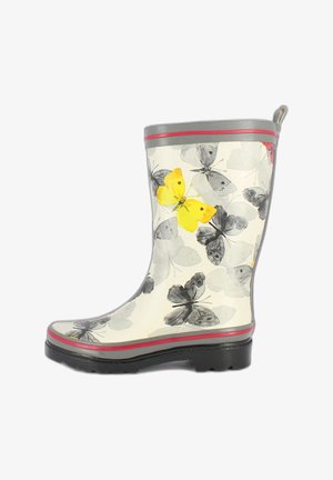 Rubberen regenlaars met een witte basis, versierd met zwart en gele vlinderpatronen, een rode accent bovenaan en een zwarte zool.