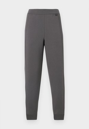 Gray jogger pants made of soft fabric, featuring an elastic waistband, tapered legs, and side pockets with subtle stitching details.