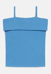 Blaues geripptes ärmelloses Crop-Top mit gefaltetem Halsausschnitt und schmalen Trägern, das eine glatte Textur und eine eng anliegende Passform bietet.