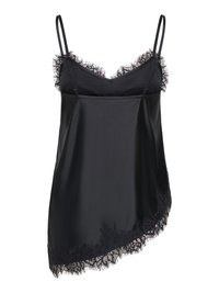 Robe nuisette en satin noir avec fines bretelles doubles, bordure en dentelle le long de l'encolure et ourlet asymétrique, présentée sur fond blanc.