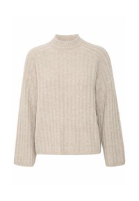 Beige ribbed knit sweater with high collar and long sleeves, featuring a relaxed fit and soft texture.