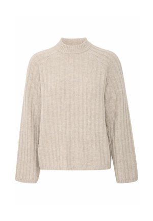 Beige geribbelde breiselsweater met een hoge hals en lange mouwen, voorzien van een comfortabele pasvorm en een zachte textuur.