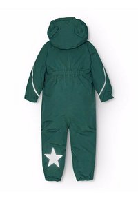 Grön utomhus-overall med huva, elastisk midja, reflexränder på ärmarna och vit stjärndetalj på underbenet. Mjuk, texturerad tyg.