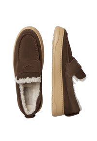 Brown suede slip-on shoes with fluffy white lining, tan rubber sole, and adjustable strap. Rounded toe design and stitched accents.