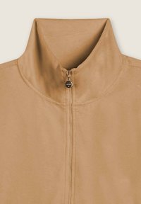 Giacca zip-up marrone chiaro con colletto alto, realizzata in un tessuto morbido. Presenta una texture liscia e un piccolo dettaglio a zip argentato.