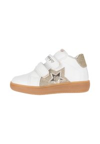 Sneakers bianchi con accentuazione d'oro luccicante a forma di stella, due cinghie in Velcro, tomaia in pelle liscia, suola in gomma, punta arrotondata e suola in gomma di contrasto.