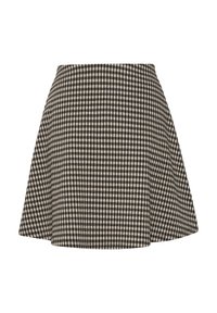 Svart och beige rutigt mini kjol med en utsvängd nederkant, tillverkad av vävt tyg, med en mjuk textur och hög midja.