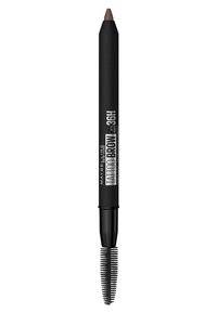 Crayon à sourcils Maybelline Tattoo, boîtier noir, pointe crayon, couleur marron foncé, et un peigne-brosse pour l'application. Le texte sur l'emballage comprend les détails du produit.