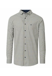 Langarm-Hemd aus leichtem Stoff mit einem geometrischen Muster in Blau, Gelb und Creme. Mit dunklem Kragen und Knopfdetails.