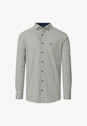 Langærmet skjorte med knapper i let stof med et geometrisk mønster i blå, gul og creme. Har en mørk krave og knapdetaljer.