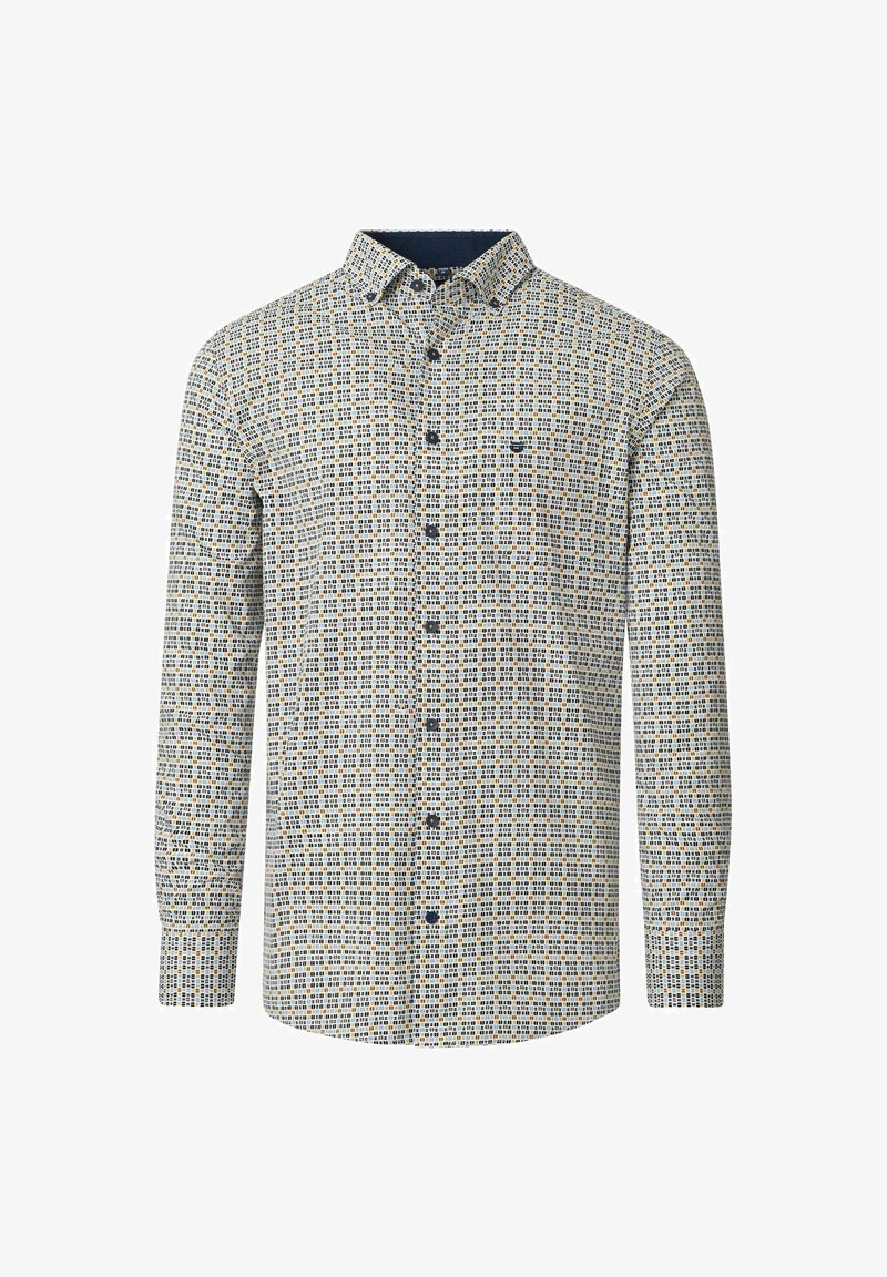 Langærmet skjorte med knapper i let stof med et geometrisk mønster i blå, gul og creme. Har en mørk krave og knapdetaljer.