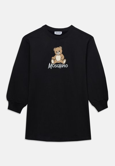 Μαύρο φόρεμα με μακριά μανίκια, με σχέδιο teddy bear και εκτύπωση κειμένου "MOSCHINO" στο στήθος, με ριμπ μανσέτες και στρογγυλή λαιμόκοψη.